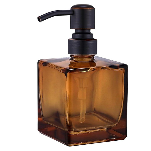 Ximlike Square Bathroom Soap Dispenser Amber Bottle with Oil Rubbed Bronze Pump, Retangle Cube 8.4 oz Glass Bottles with Stainless Steel Pump Hand Liquid Soap Dispenser Kitchen