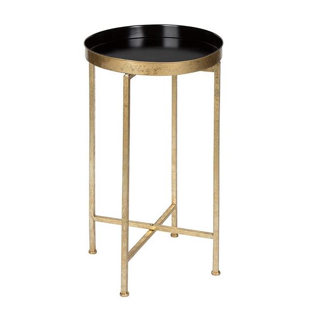 Kate and Laurel Celia Round Metal Foldable Tray Accent Table, Black with Gold Base