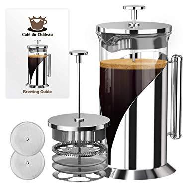 French Press Coffee Maker (34 Ounce) with 4 Level Filtration System - 304 Grade Stainless Steel - Heat Resistant Borosilicate Glass by Cafe Du Chateau