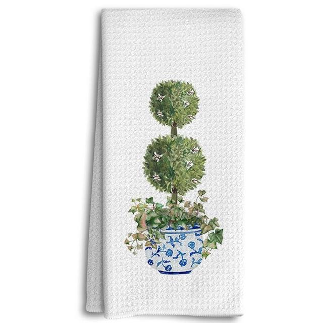 Dwept Blue and White Porcelain Kitchen Towels,Chinoiserie Decor, Preppy Chinoiserie Hand Towels, Watercolor Green Topiary Trees Bathroom Kitchen Decor, Vintage Plant Dish Towels Tea Towels for Kitchen