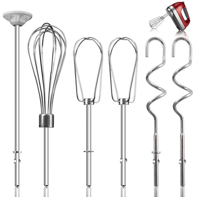 Hand Mixer Attachments Beater for Kitchenaid Hand Mixers KHM3 KHM5 KHM7 KHM9, Including Whisk, Mixing Rod and Dough Hook, Stainless Steel Hand Mixer Accessories (Set of 6)