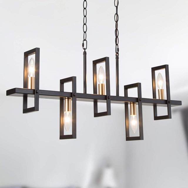 PHOSANT LIGHTING Modern Farmhouse Chandelier, 5-Light Gold Chandelier for Dining Room, 32" Island Lights for Kitchen in Matt Black Finish