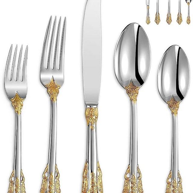 KEAWELL Luxury 45 Pieces 18/10 Stainless Steel Flatware set, Service for 8, silver plated with gold accents, Fine Silverware set and Dishwasher Safe