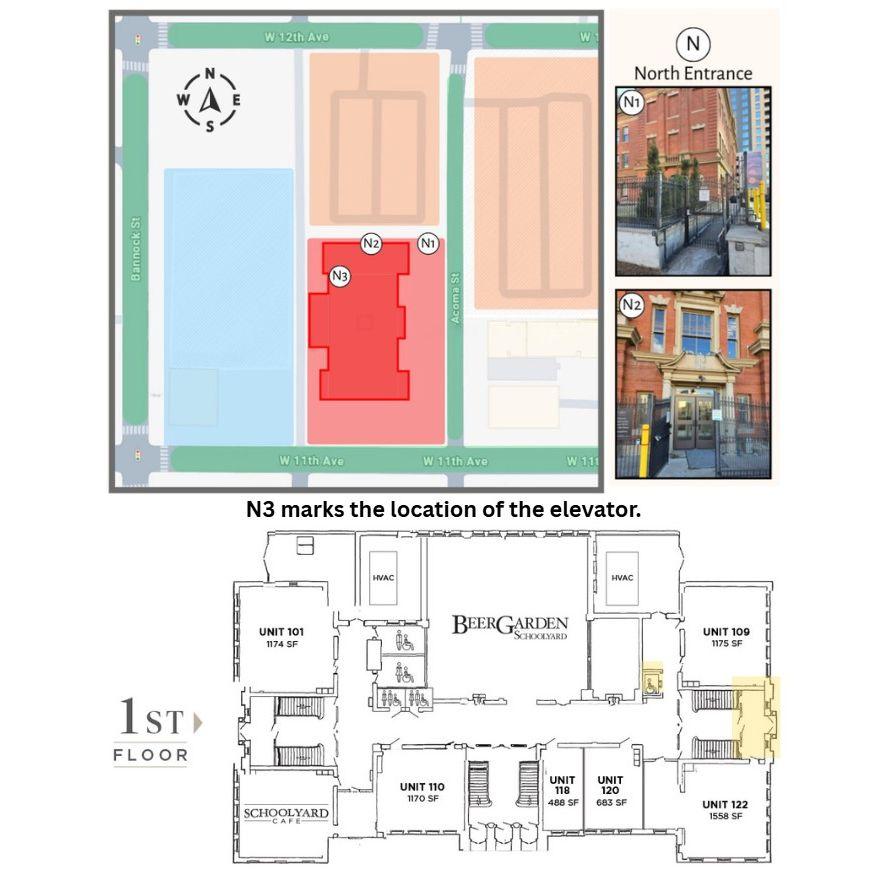 Handicap accessible parking, building entrances, and elevator locations at the venue.