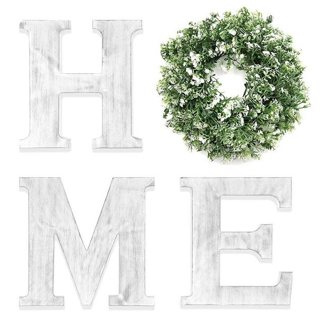 HnJOY White Rustic Home Sign for Living Room - Decorative Wreaths for Home - Wooden Letters Wall Decor with Artificial Eucalyptus - Farmhouse Family Sign with Wreath