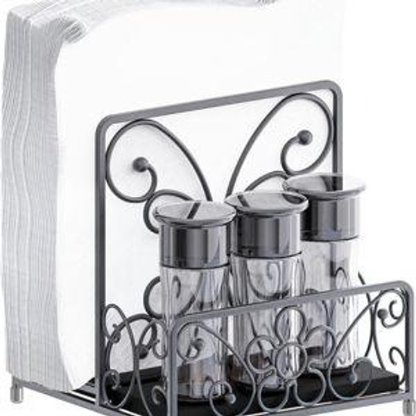 Napkin Holder – Metal Napkin Storage with Salt and Pepper Caddy (Shakers Not Included), Modern Napkin Dispenser for Table or Kitchen Countertop, Servilletero for Farmhouse Décor