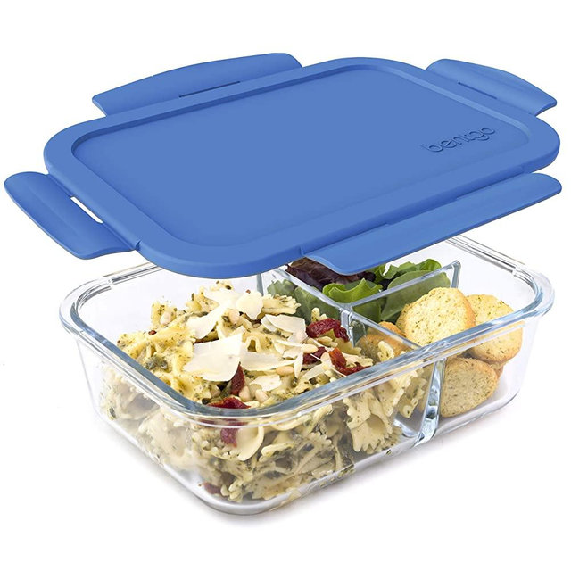 Bentgo® Glass Lunch Box - Leak-Proof Bento-Style Food Container with Airtight Lid and Divided 3-Compartment Design - 5 Cup Capacity for Meal Prepping, and Portion-Controlled Meals for Adults & Teens (Blue)