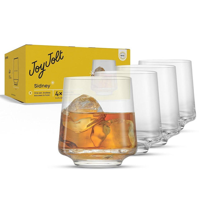 JoyJolt Sidney Double Old Fashioned Glasses Set of 4 | 11.5 oz Rocks Whiskey Glasses for Bourbon Scotch Cocktail Cognac Vodka | Home Bar Lowball Glass Tumblers | Premium Crystal Barware Made in Europe