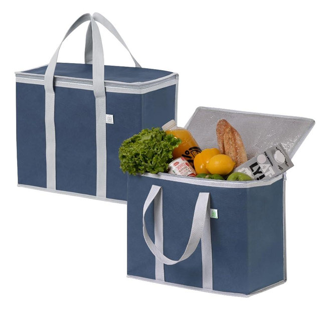 VENO 2 Pack Cooler Bag and Insulated Grocery Bags for Food Delivery, Collapsible Cooler, Reusable Shopping Bags for Groceries with Zipper, Foldable, Heavy-Duty, Stands Upright (Dark Blue, 2 Pack)