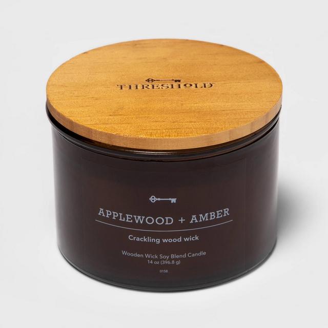 14oz Lidded Amber Glass Jar Crackling Wooden 3-Wick Applewood and Amber Candle - Threshold™