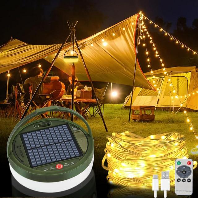 TuoPuLife Solar Camping String Lights, 39.4ft Fairy String Lights 130LEDs, Portable Waterproof Camping Light with Solar Powered and USB Rechargeable Light for Hiking, Yard Decorations, Remote Control