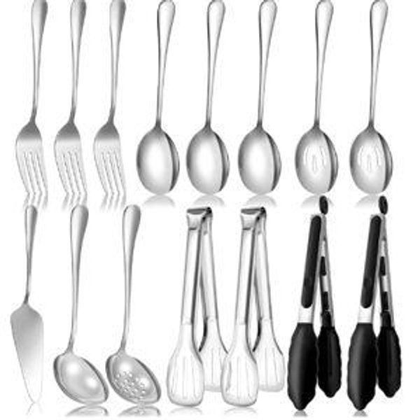 Serving Utensils Set for Partie, Silver Stainless Steel Metal Serveware Large Serving Spoons, Slotted Spoons, Forks, Tongs, Soup and Skimmer Spoon, Cake Server for Buffet, Catering, Entertaining 15pcs