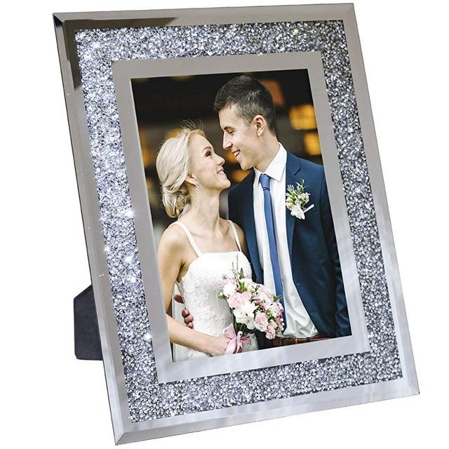 Decorative Picture Frame 8"x10" Photo Holder Glass Mirror with Sparkling Crystal Boarder. Use Standing with Included Easel or Ready to Hang.