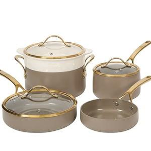 Bloomhouse - Two Time Oprah's Favorite Things Winner - 8 Piece Pots and Pans Heavy Duty Aluminum Premium PFA Free Ceramic Nonstick Dutch Oven Pot with Lid - Cappuccino Cream with Gold Handle