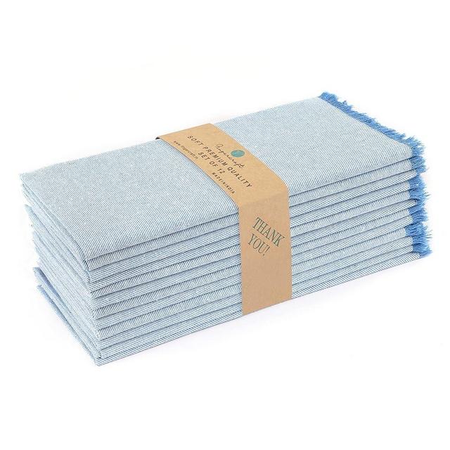 Fingercraft Cloth Napkins Cotton Set of 12 Premium Fringe Design Dinner Napkin Soft & Durable Ideal for Dining Room, Restaurant, Weddings & Events Reusable Washable Good Absorbency Sky Blue White