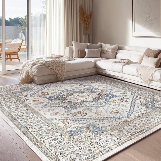 OPPODREAM Soft Neutral Area Rugs 4x6, Low-Pile Washable Rugs 4x6 with Non Slip Backing, Faux Cashmere 4 x 6 Throw Carpet, Light Grey & Cream