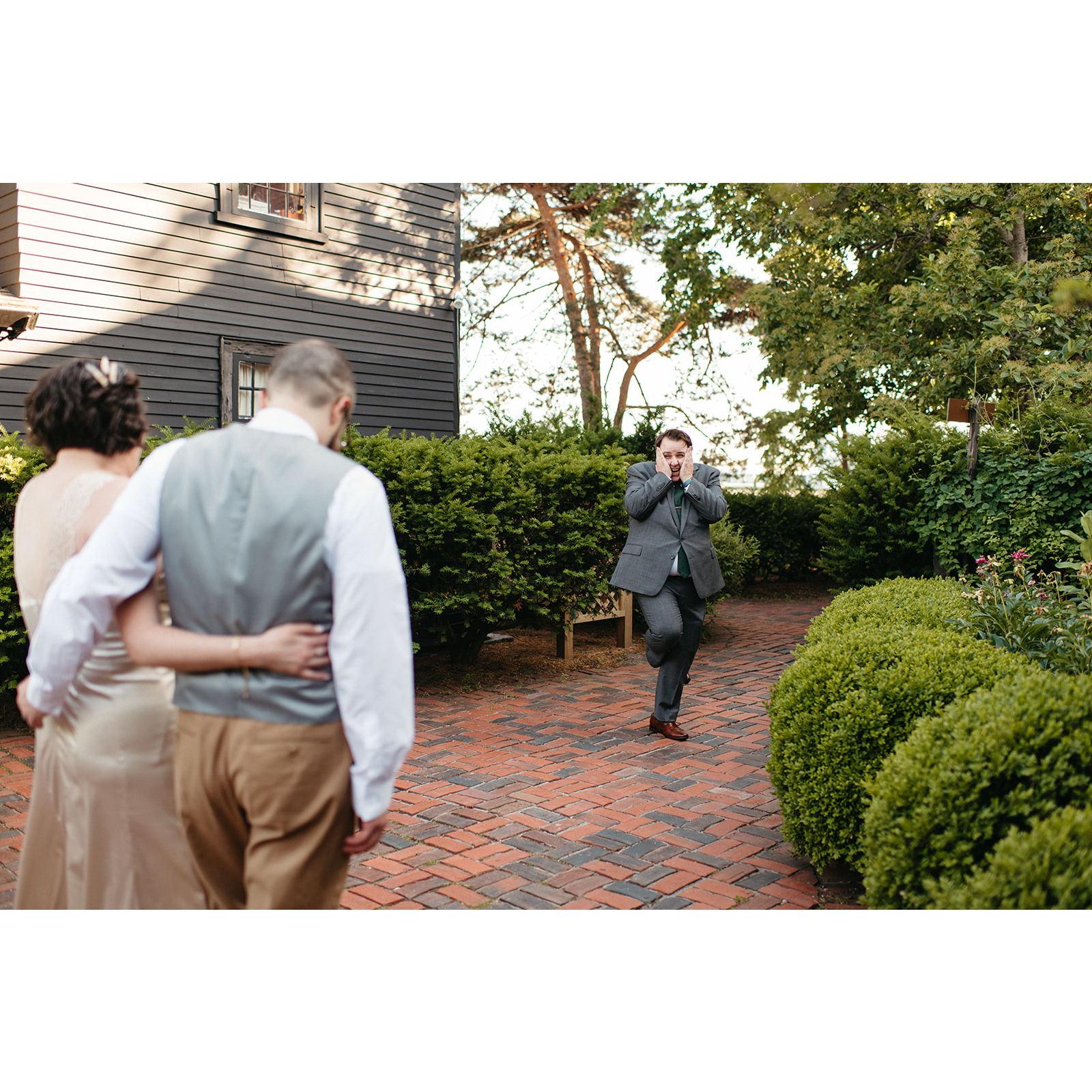 We did, however, have a first look with Bobby Bauch, our wonderful friend and officiant. Bobby's reaction did not disappoint.