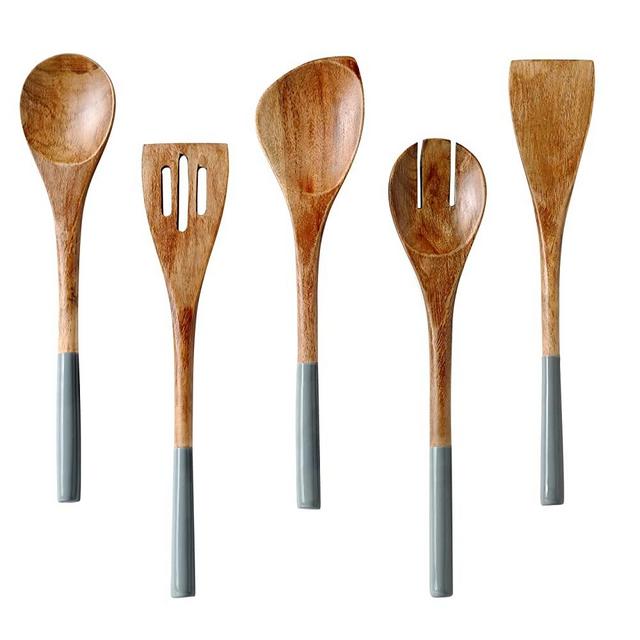 Wooden Spoons for Cooking, Set of 5 Nonstick Cookware Sets Includes Wooden Spoon, Serving Fork, Spatula, Slotted Turner, Corner Spoon, 12 Inches Long Kitchen Utensil Sets, Mango Wood, Grey