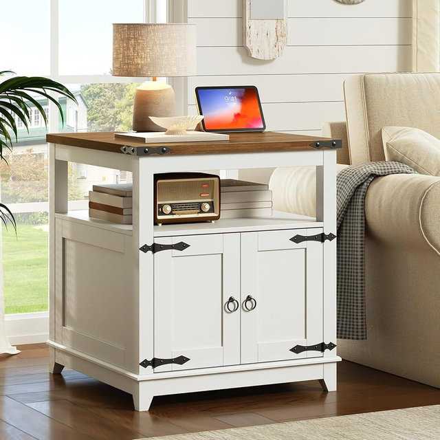 RALGEND Farmhouse End Table with Charging Station, 24" Large Sofa Side Table with Barn Door, Rustic Wooden Nightstand Bedside Table with Open Shelf for Living Room, Bedroom, White and Walnut
