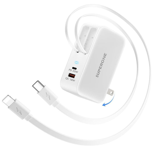 SUPERONE Retractable Charger with Dual USB Ports, 78W Retractable Wall Charger with USB C and Apple Charging Cables, USB C Charger Block for Phone 17/16/15/14/13/12/11 Series, Galaxy S25 24, Pixel