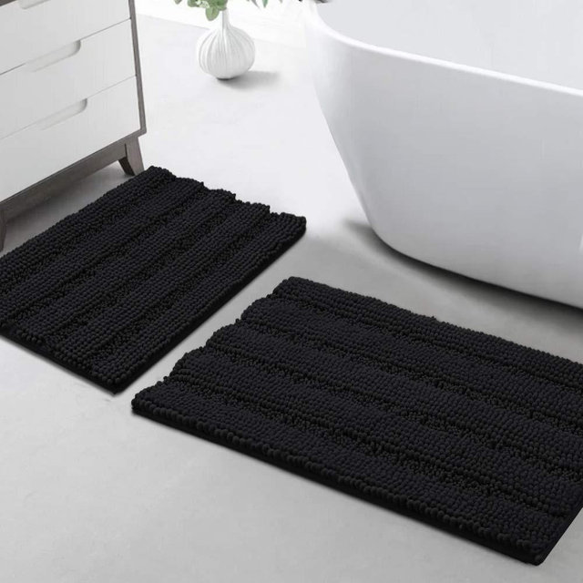 Turquoize Non Slip Shaggy Bathroom Rugs Black Bath Rugs for Bathroom Chenille Bath Rugs for Bathroom Sets 2 Piece Bath Mat Set Super Absorbent Shower Rug for Tub Mats, 20"x 32"& 17" x 24",Black