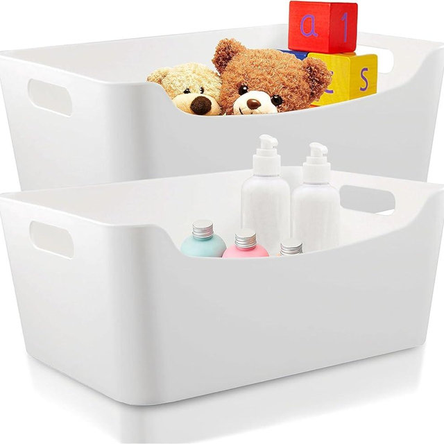 large- 2 pack White Plastic Storage Bins for Shelves, Closet Kitchen Storage Containers for Pantry Bathroom Office Organization Baskets, Cabinet Organizing Containers, White Organizer Bins for Shelves