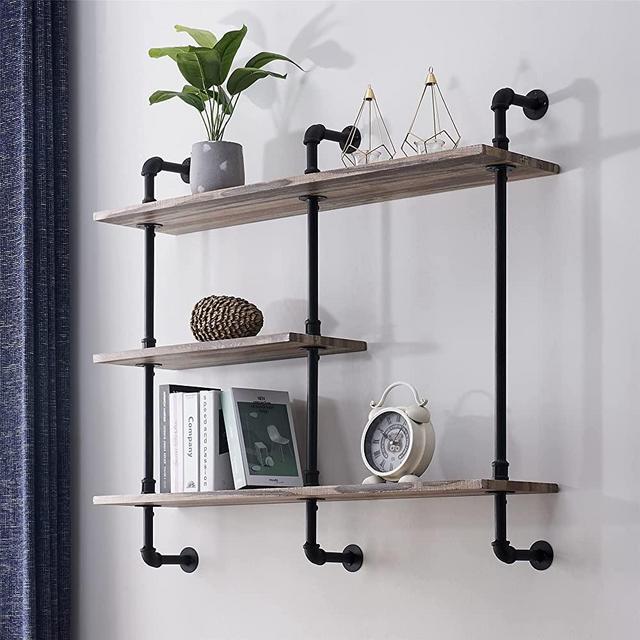 Hombazaar 3-Tier Pipe Shelf, Modern Wall Mount Display Shelf, Rustic Floating Shelves, Farmhouse DIY Open Bookshelf Brackets for Collection,Living Room, Bathroom,Kitchen,Home Office, 43 Inches ,Oak