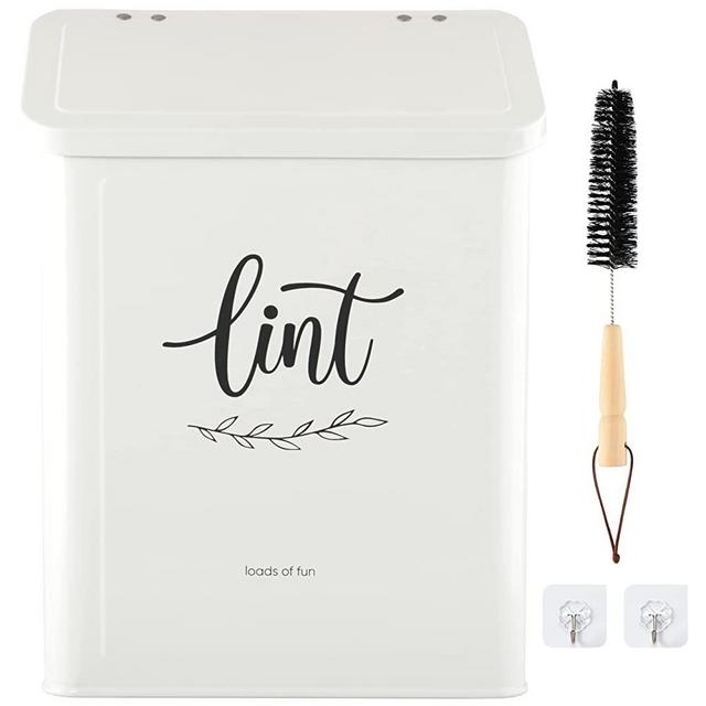 Perfnique Magnetic Lint Bin for Laundry Room with Lint Brush, Wall Mounted Lint Holder Trash can with lid for Dryer, Modern Farmhouse Rustic Metal Laundry Room Storage Organization and Decor