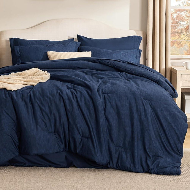 Bedsure Queen Comforter Set Navy - Bed in a Bag Queen Size Bedding 7 Pieces, Cationic Dyed Bed Set Gift for Family, Navy Soft Bedding for All Seasons Comforter with Sheets, Pillowcases & Shams