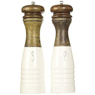 Mud Pie 4504007 Farmhouse Wood and Enamel Mills Salt and Pepper Set, One Size, White, Brown