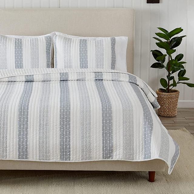 3-Piece Reversible Patchwork Striped Queen King Set with Shams. All-Season Bedspread, Comfortable, Soft - Adele