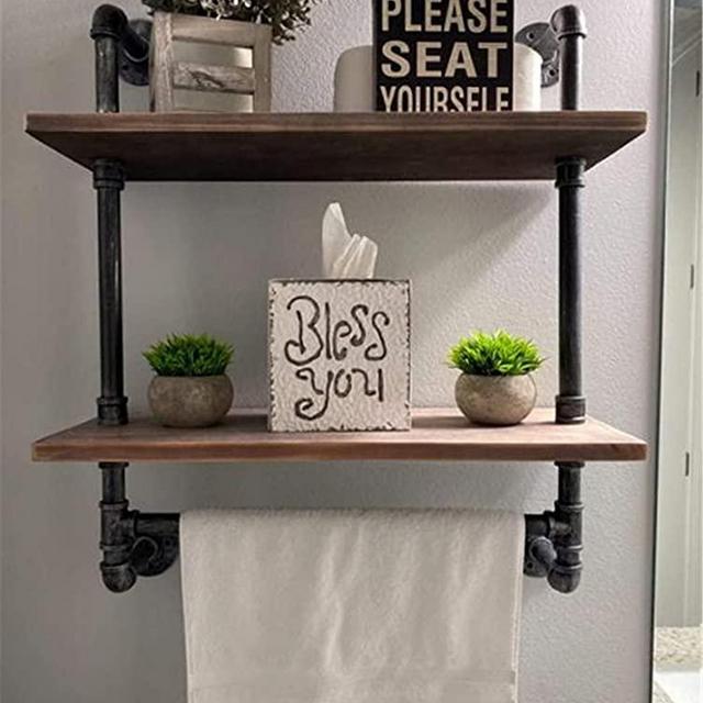 LooftMate Industrial Pipe Shelf,2 Tiered Metal Towel Racks for Bathroom,20" Industrial Pipe Floating Shelves Shelving,Rustic Wood Wall Mount Shelf with Towel Bar,Iron Towel Holder