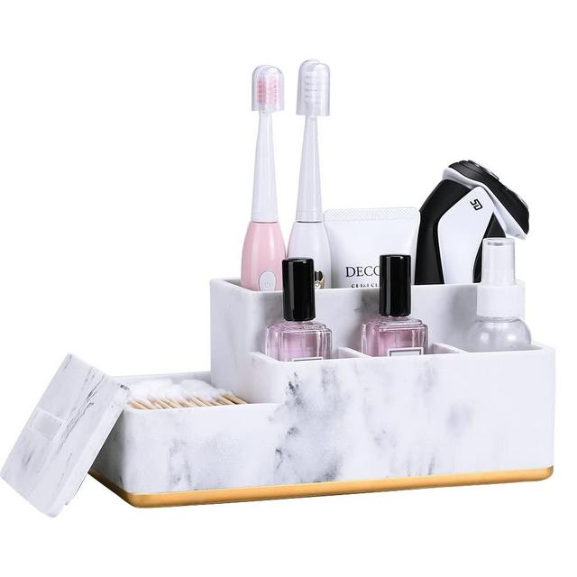 Toothbrush Holder, Aimou Bathroom Organizer Countertop, Bathroom Counter Storage Electric Toothbrush Toothpaste Razor Holder for Bathroom/Vanity, Cotton Ball, Cotton Swab, Floss, Marble White