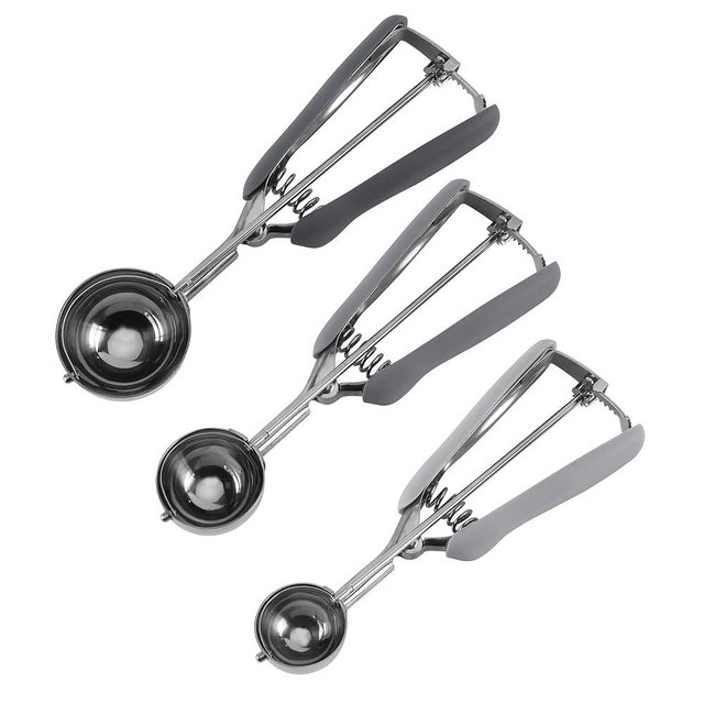 Social Chef Stainless Cookie Scoop Set - Small Cookie Dough Scooper for Great Cookies Sized Cookies - Small Ice Cream Scooper with Trigger Release, 3 Pack, Gray