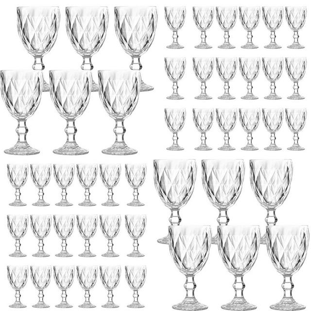 48 Pack Vintage Wine Glasses, Plastic Reusable 12 Ounce Colored Water Goblets, Unique Embossed Pattern Unbreakable Stemmed Wine Glasses High Clear Wedding Party Bar Drinking Cups Clear