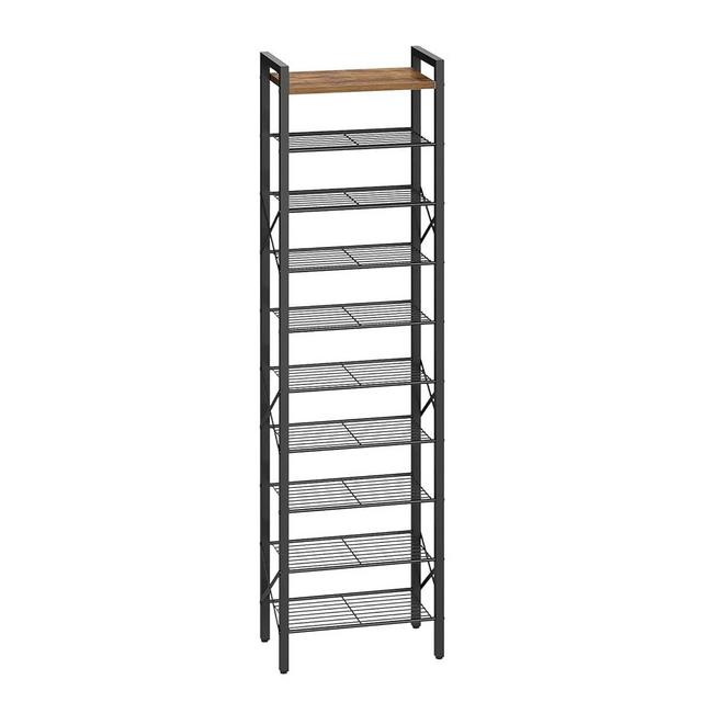 YATINEY 10-Tier Narrow Shoe Rack, Tall Shoe Rack for 10-20 Pairs, Slim Shoe Storage Organizer with Wooden Top, Space Saving, Metal Frame, for Entryway, Rustic Brown and Black SS68BR