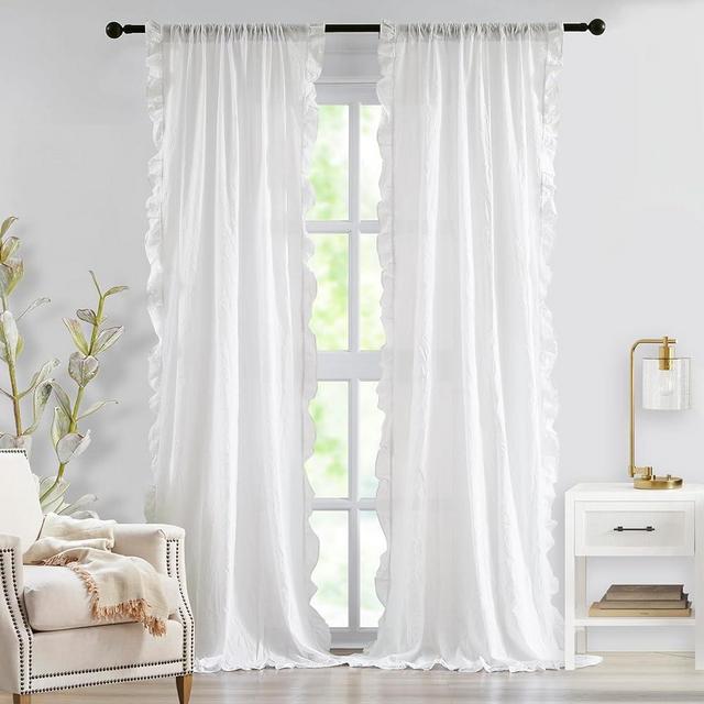 ZJDECOR 84 Inches Off White Boho Cotton Curtains with Ruffle Edge,Not-See-Through Crinkled Fabric Drape,Shabby Chic Window Treatment for Bedroom Living Room Canopy Bed,Rod Pocket,40" Wx84 L,2 Panels