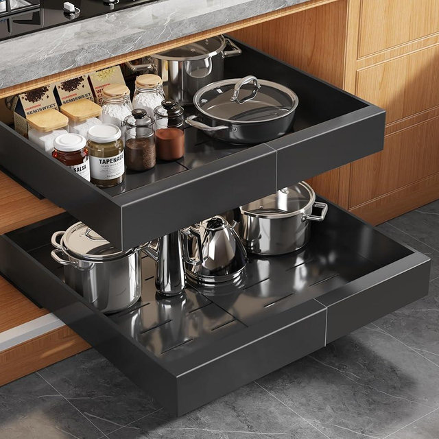 Seinloes 2 Pack Expandable Pull Out Cabinet Organizer 16.5"Deep With Raising Pad for Framed Cabinets,Upgrade 3 Slide Rails Slide Out Drawers,No Drill Roll Out Shelves,Adjustable Width 12.2"-20.4"Black