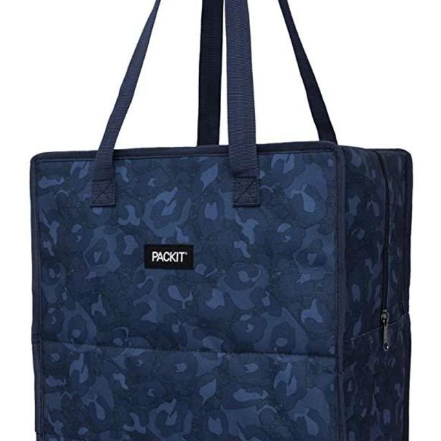 PackIt Freezable Reusable Grocery Bag, Navy Blue Leopard