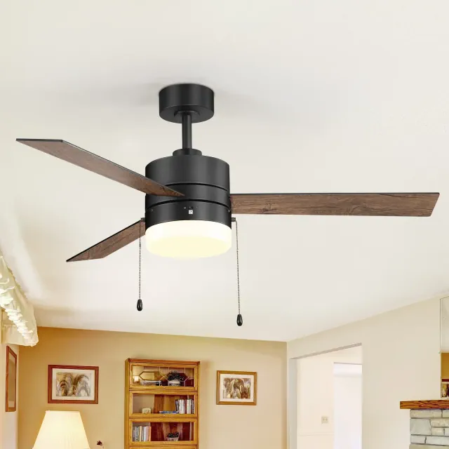 Airsurfer 52" Ceiling Fan with Light in Matte Black and Plywood Blades 3-Blade Pull Chain Propeller Design