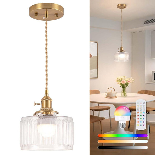 Loiogohot Battery Operated Pendant Light,Vintage Light Fixtures 2500mAh 6.6in RGB Light Bulb with Remote Control Wireless Adjustable Rechargeable Chandelier for Kitchen Island Hallway 1Light