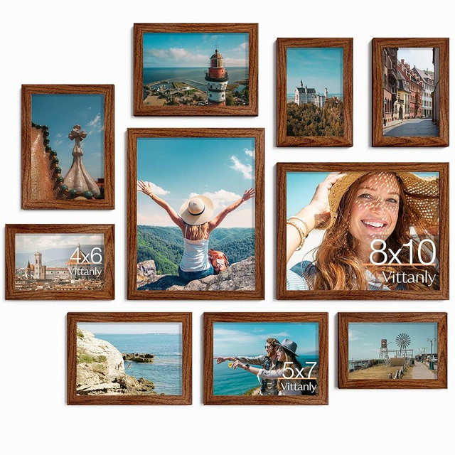 Vittanly Picture Frames Set of 10, Picture Frames Collage Wall Decor with Two 8x10, Four 5x7, and Four 4x6 Photo Frames, Gallery Wall Frame Set for Wall or Tabletop Display, Walnut Brown