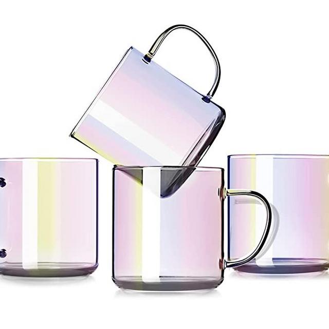 LUXU Glass Coffee Tea Mugs(Set of 4)-14 oz,Clear Glass Mugs,Rainbow Glass Beverage Cups,Lead-free Drinking Glass with Handle,Great for Mocha,Cappuccino,Latte,Water,Gifts,Milk,Hot And Cold Drinks