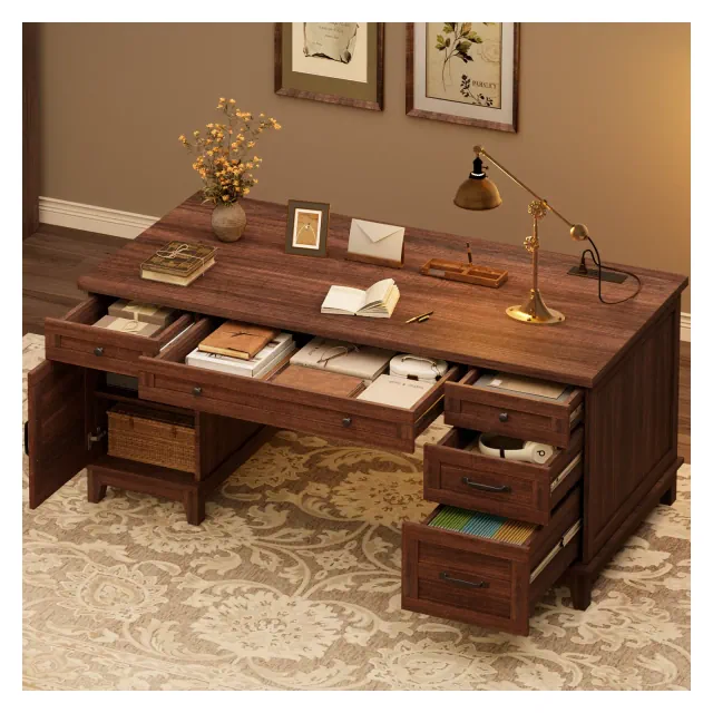 Garvee Executive Desk with Drawers, Farmhouse Home Office Desk with Charging Station, 60" Wooden Computer Writing Desk with File Cabinet Storage