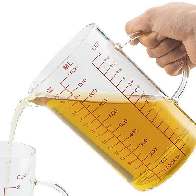 Glass Measuring Cup with Handle, Three Scales (OZ, Cup, ML) , V-Shaped Spout, Measuring Beaker for Kitchen or Restaurant, Easy to Read, by TIYOORTA (1000ML RED)