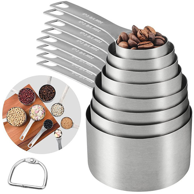 IFFMYJB Stainless Steel Measuring Cups 9-Piece Set, 8 Measuring Cups & 1 ring, 18/8 (304) Stainless Steel Measurer Cups for Baking or Cooking, Durable Kitchen Kit for Liquid or Dry Ingredients.