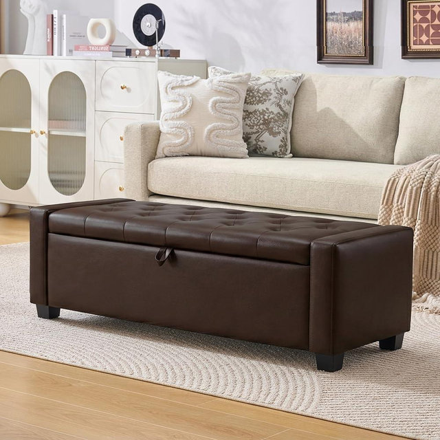 Huatean Home 48" Ottoman with Storage, Storage Ottoman Bench with Safety Hinge, Upholstered Entryway Bench with Seating for Bedroom, Living Room, Holds up to 330 lb, Dark Brown