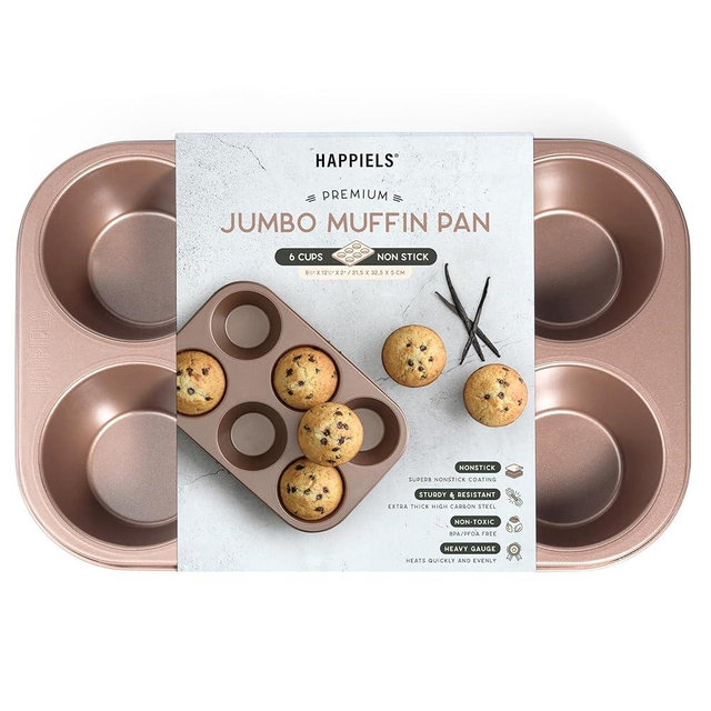 HAPPIELS Non Toxic Nonstick 6 Cup Jumbo Muffin Pan | Large Cupcake Tin for Oven | Nontoxic Muffin Tins Big Size | PFOA Free Cupcakes Tray