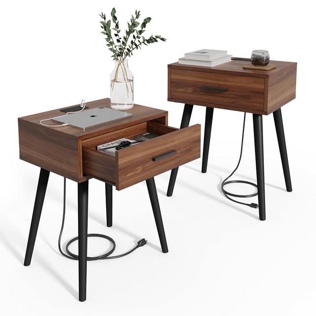 HAIOOU Set of 2 Mid Century Nightstand with Charging Station, End Table Modern Side Table One Drawer with Premium Matte Black Handle and Pine Wood Legs for Home Bedroom Living Room (NS003X)