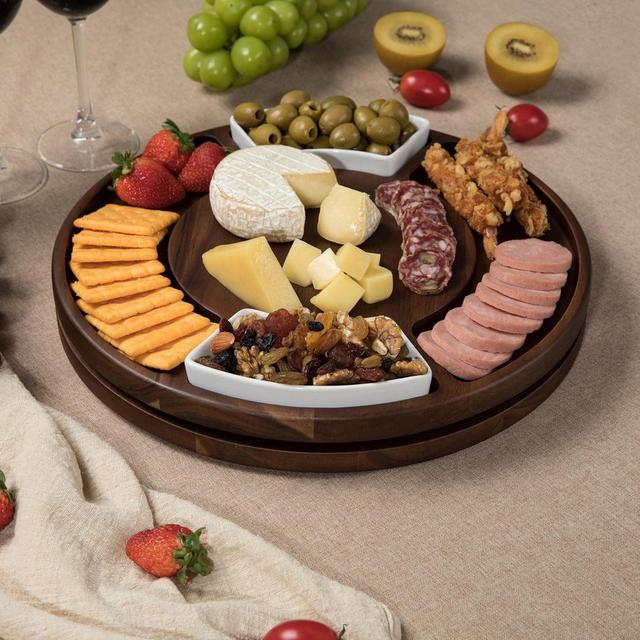 Lazy Susan Turntable Cheeseboard, Rotating Charcuterie Board with Two Olive bowls, Wooden Eco Friendly Wedding gift for Couple - Shanik